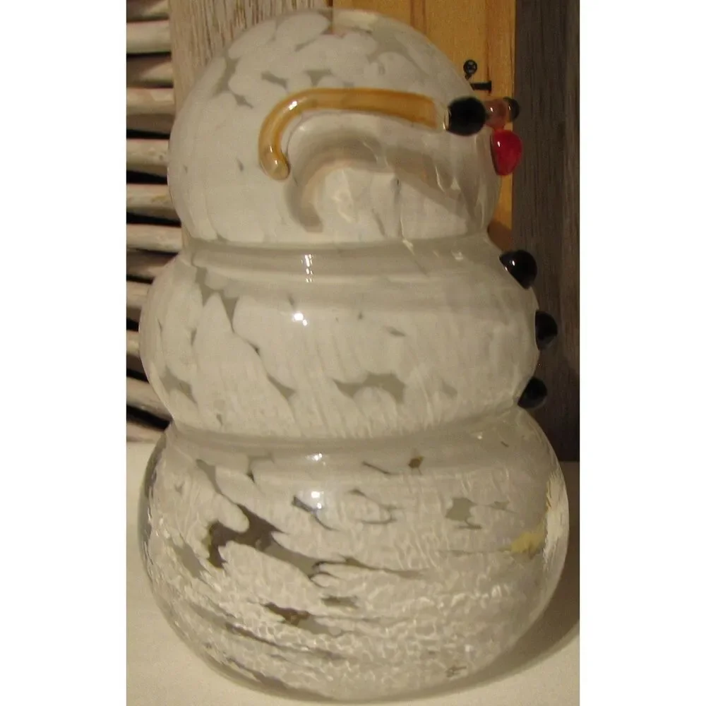 Glass paper weight snowman with glasses signed winter Christmas applied glass